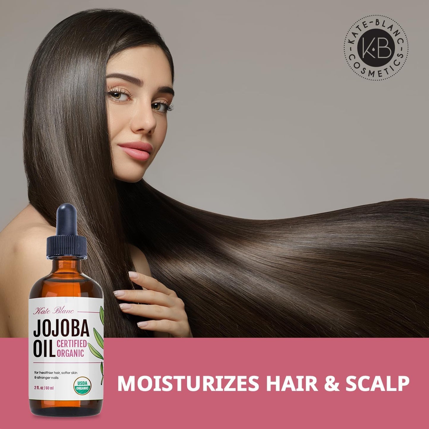 Kate Blanc Cosmetics Organic Jojoba Oil for Hair, Skin, Face, Nails (2oz) - USDA Certified, 100% Pure Cold Pressed Unrefined - Moisturizing Carrier