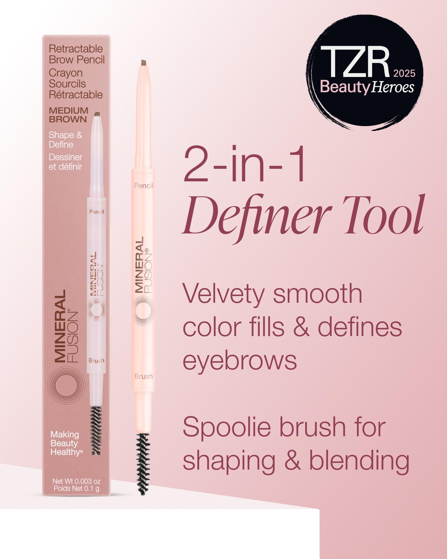 Mineral Fusion Retractable Brow Pencil (Medium Brown) - TZR 2025 Beauty Heroes Award Winner - Shape & Define Eyebrow with Blending Spoolie Brush…