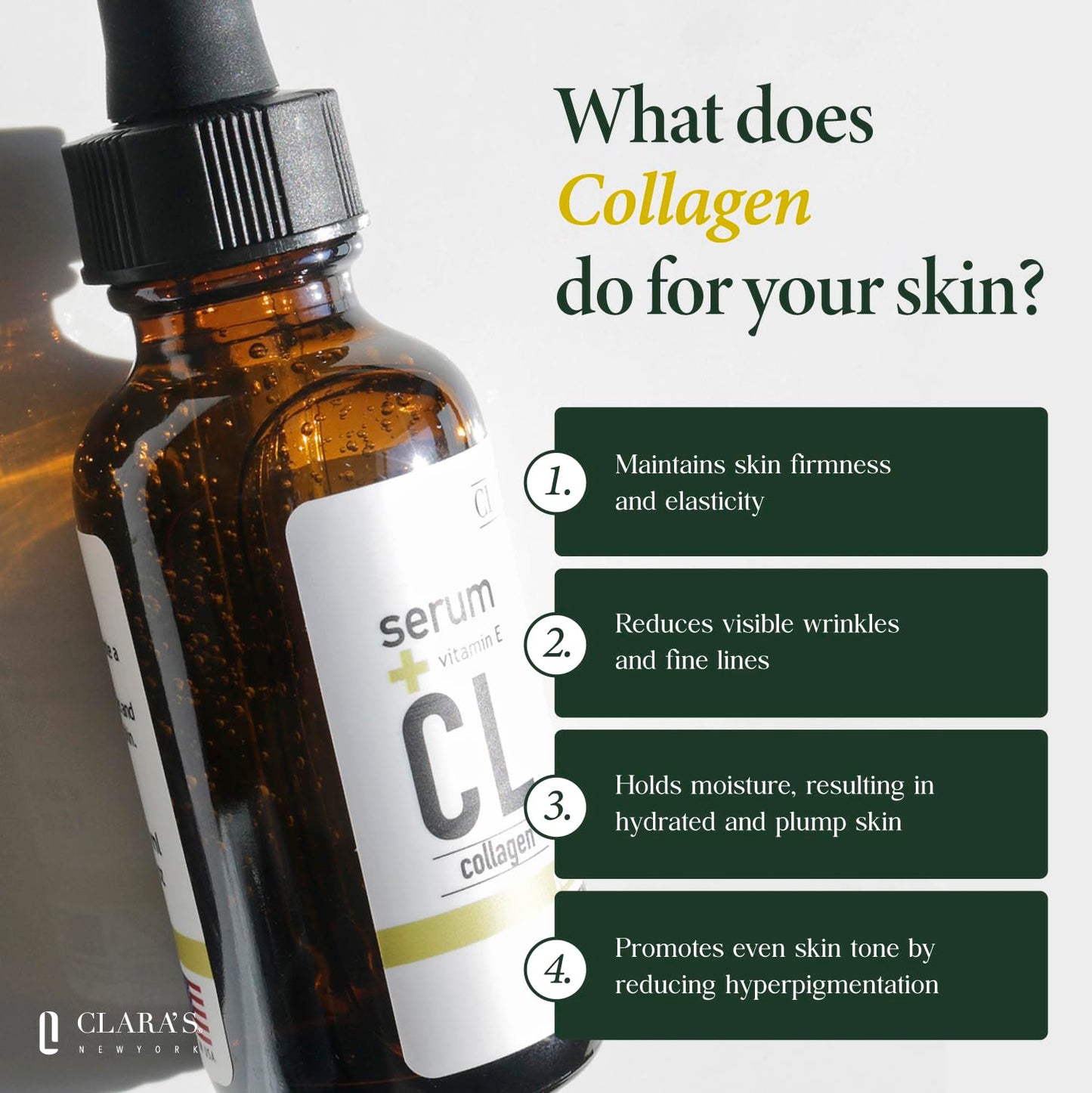 CLARA'S NEW YORK Collagen Facial Serum with Vitamin E - Hydrating, Smoothing & Brightening Skin - 30ml / 1 Fl Oz - Made in USA