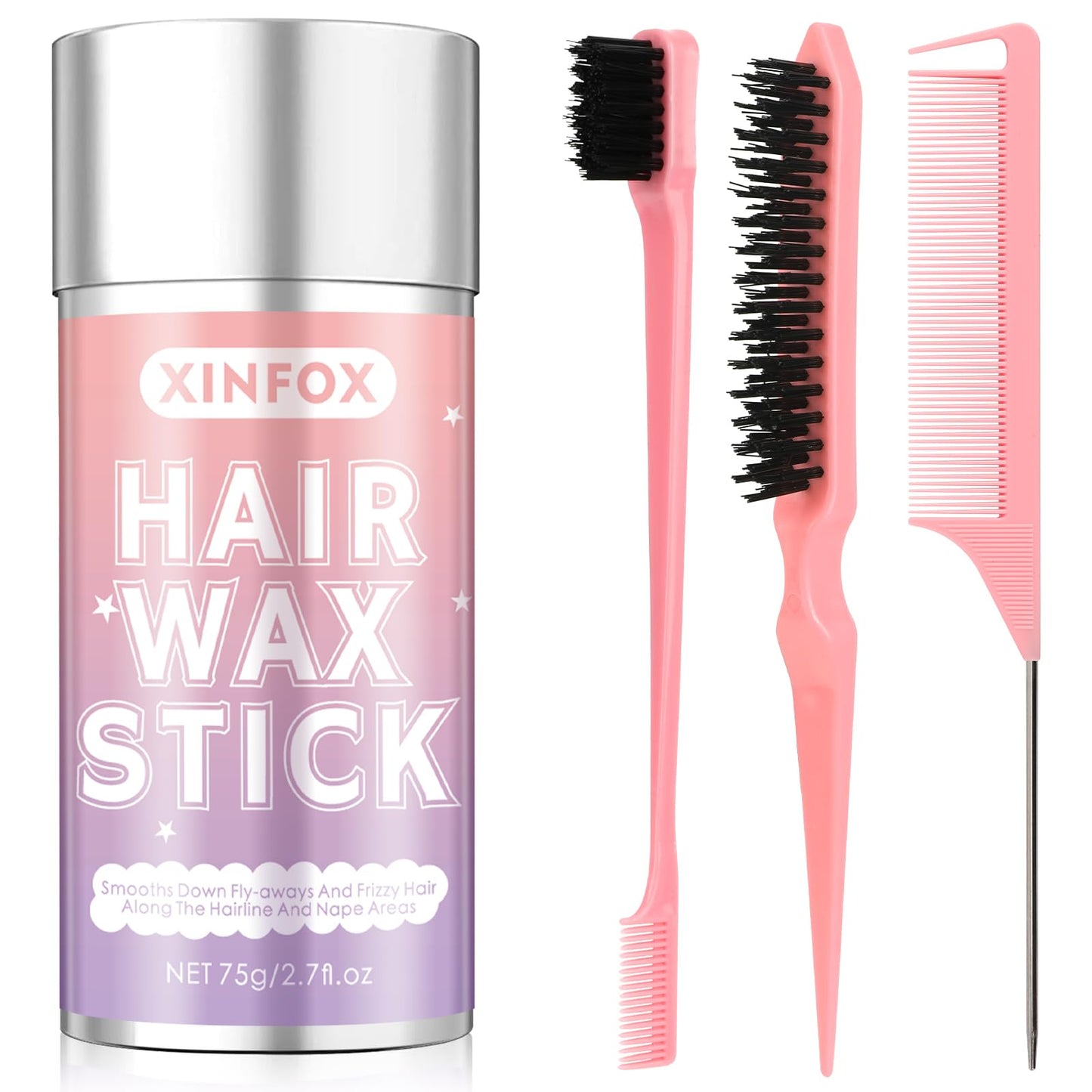 Hair Wax Stick, Slick Back Hair Brush, Wax Stick for Flyaways, Rat Tail Comb Edge Brush Styling Tool Set Accessories for Women Girls(Pink) Beauty and Personal Care Xinfox