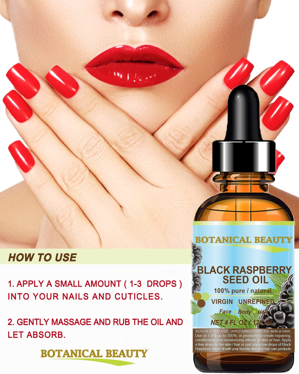 Botanical Beauty BLACK RASPBERRY SEED OI 100% Pure Natural Undiluted Virgin Unrefined Cold Pressed Carrier Oil for Face, Skin, Hair, Lip, Nails (2 Fl