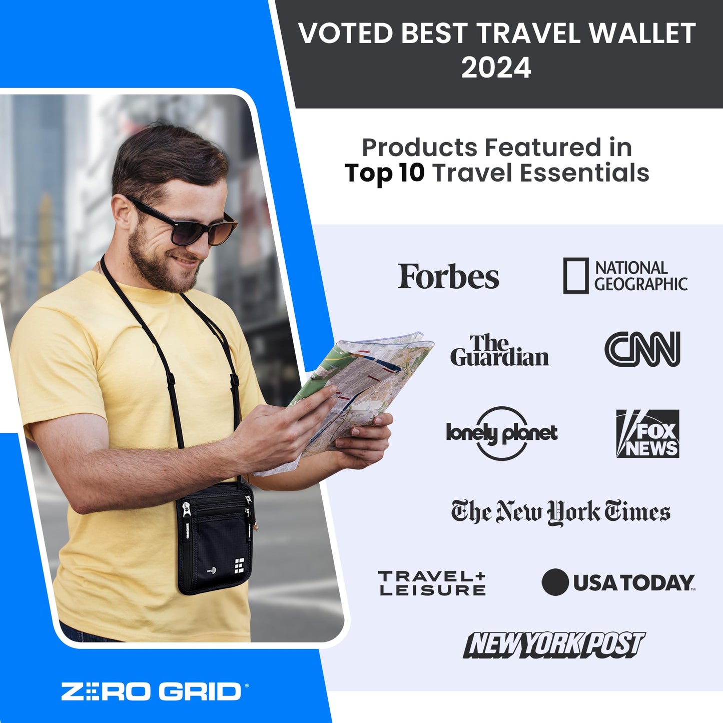 RFID Blocking Neck Wallet & Passport Holder – Slim, Water-Resistant Travel Pouch for Men & Women – Dark Grey, Large