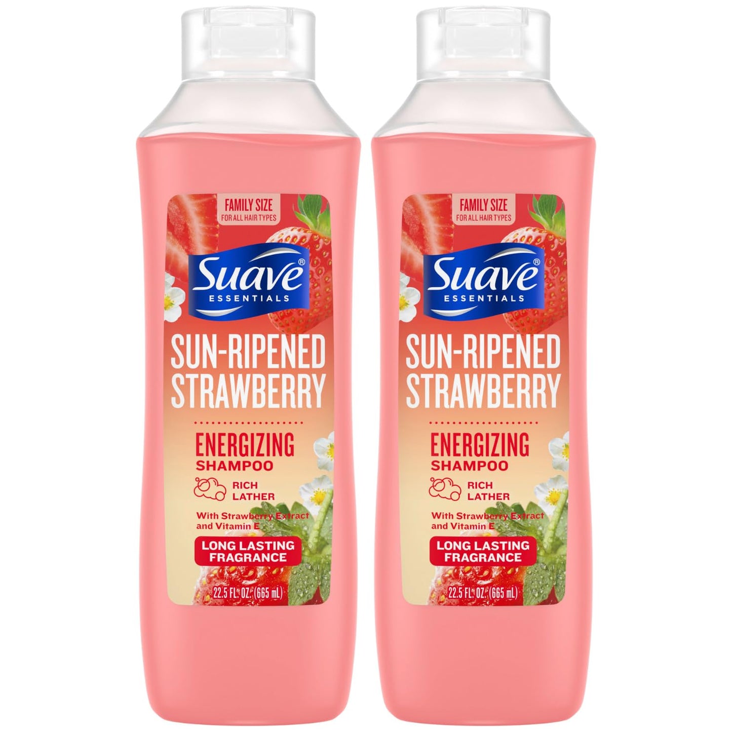 Suave Shampoo, Sun-Ripened Strawberry Family-Size 2-Pack - Energizing Shampoo with Strawberry Extract & Vitamin E, 22.5 Oz Ea