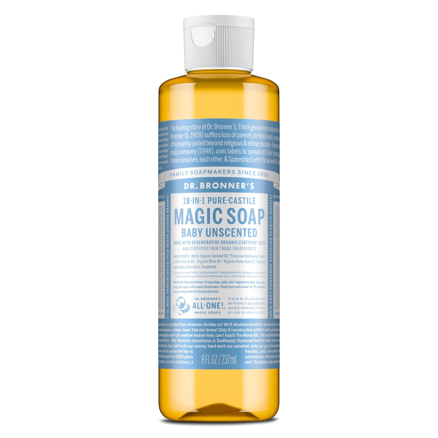 Dr. Bronner's Pure-Castile Magic Liquid Soap (Baby Unscented, 8 Ounce)- Made with Regenerative Organic Certified Oils, For Face, Body Wash, Baby Soap
