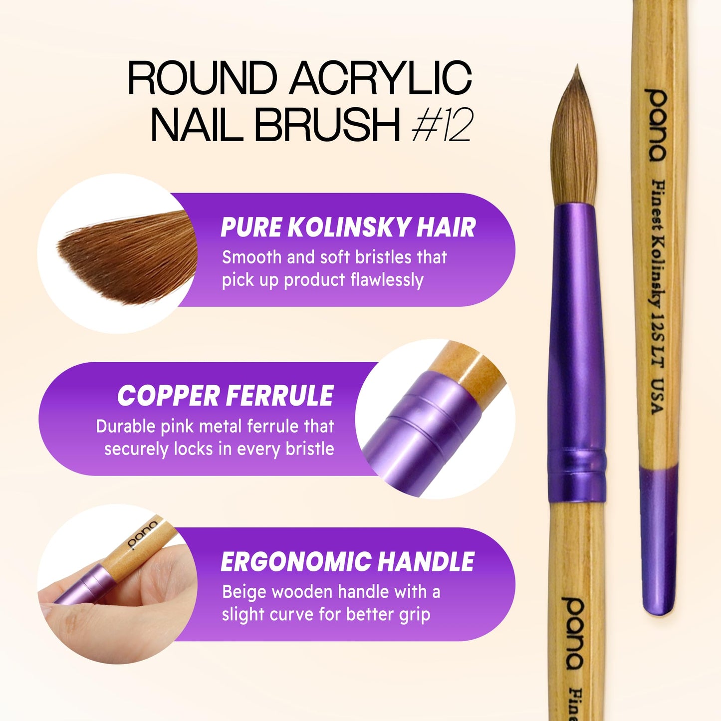 Pana USA Acrylic Nail Brush100% Pure Kolinsky Hair New LIMITED EDITION BEIGE PURPLE Wood Handle with Purple Ferrule Round Shaped Style (Size # 12) Beauty & Personal Care PANA