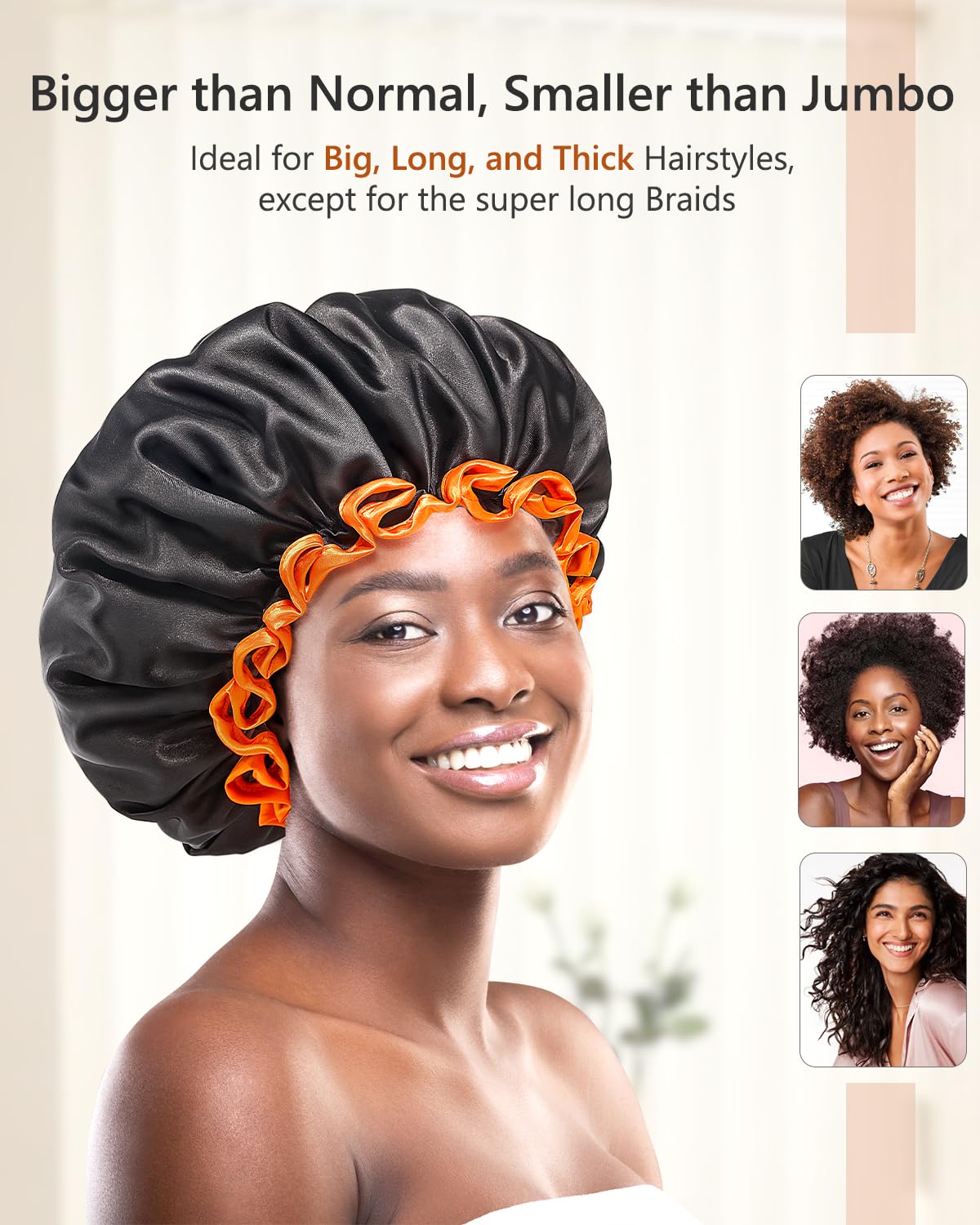 mikimini Large Shower Cap for Women Long Hair, Black, Reusable Waterproof Double Layers XL Washable Colorfast Odorless High-Quality Shower Cap for Men