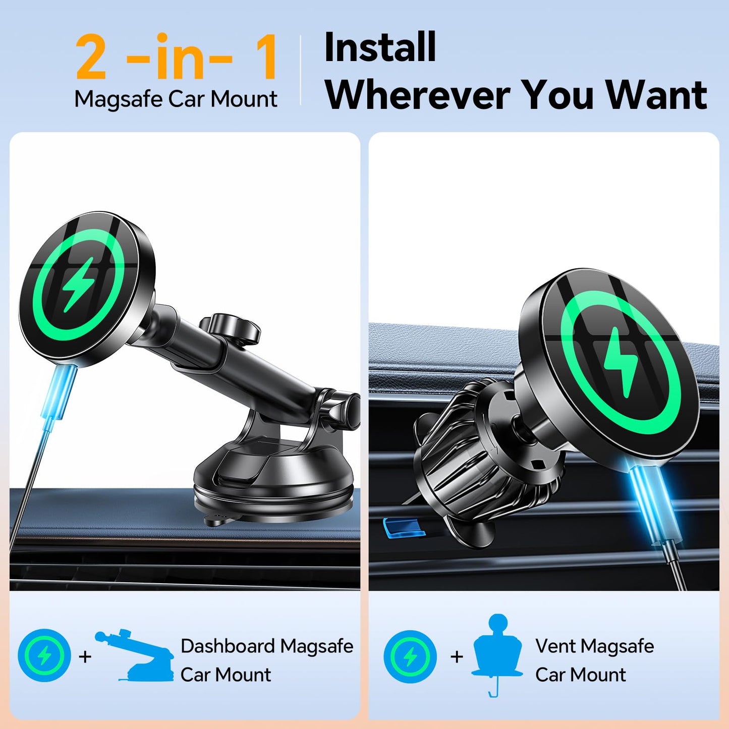Coolpow for MagSafe Car Mount Charger【Ultra Magnet】Magnetic Phone Holders for Your Car Charger【Windshield+Vent+Dash】Magnetic Wireless Car Phone…