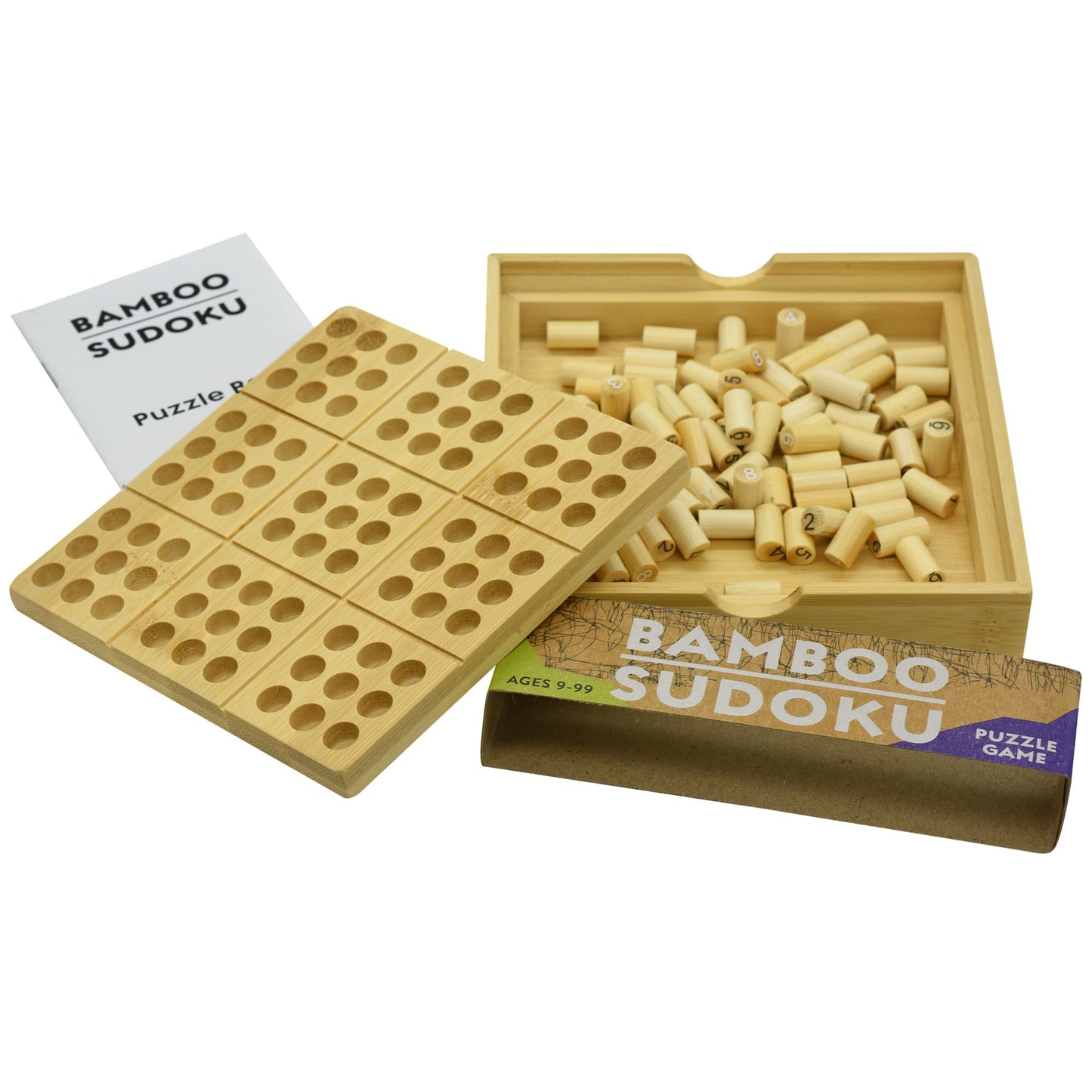 Project Genius Ecologicals Bamboo Sudoku – Eco-Friendly Puzzle with Numbered Pegs & 30-Puzzle Booklet, Sustainable Bamboo Game