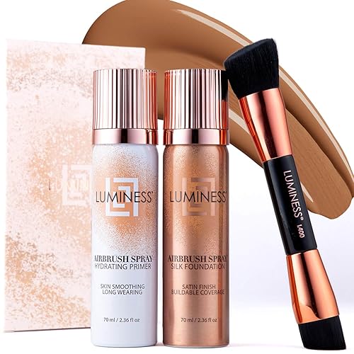 LUMINESS Airbrush Spray Silk Foundation Starter Kit - Tan - Foundation, Primer & Dual-Sided Angled Buffing Brush - Medium, Buildable Coverage