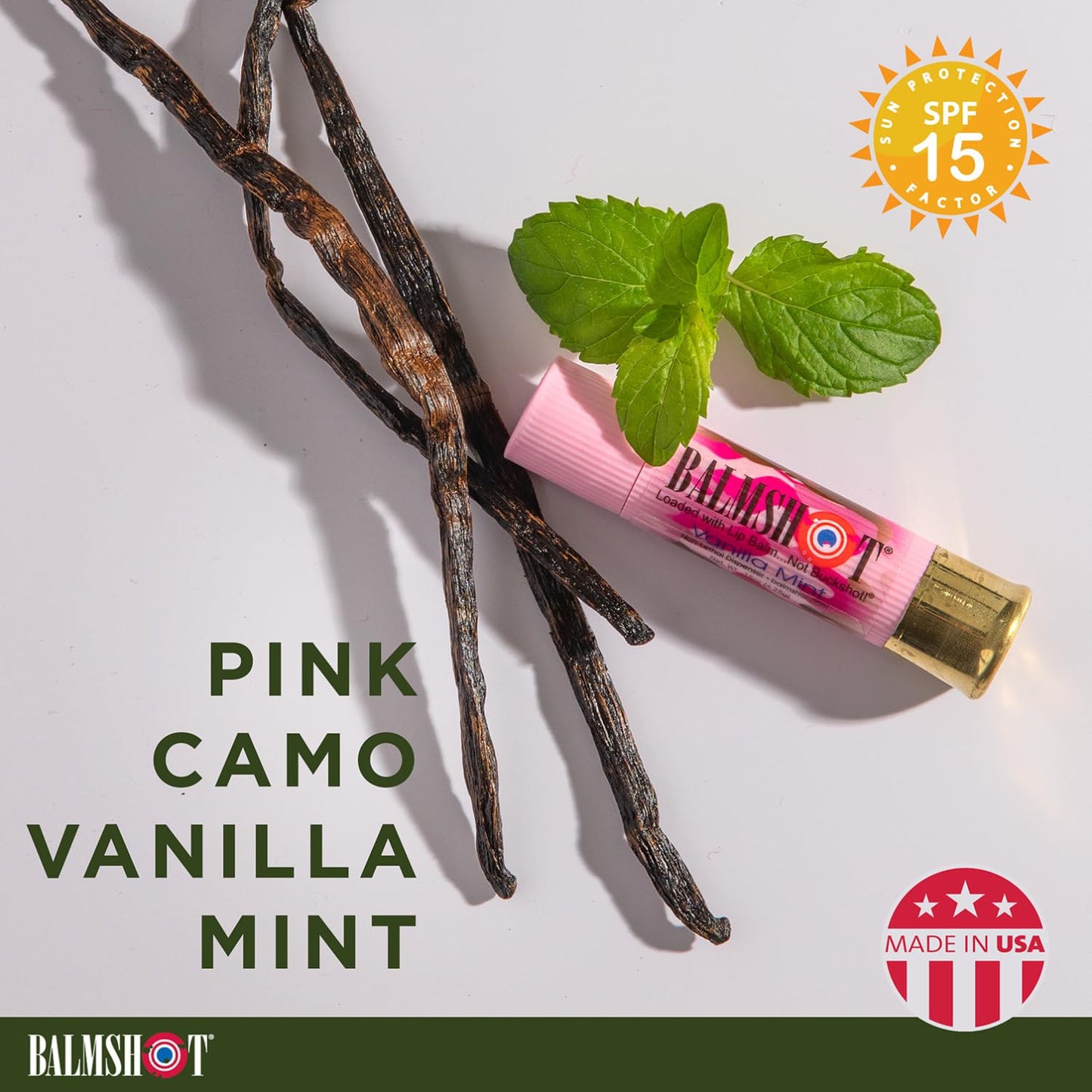 BALMSHOT Camo Vanilla Mint Lip Balm SPF 15 - Beeswax Chapstick in 20-Gauge Brass Shotgun Shell Tube, Outdoor Lip Protector for Hunting, Fishing