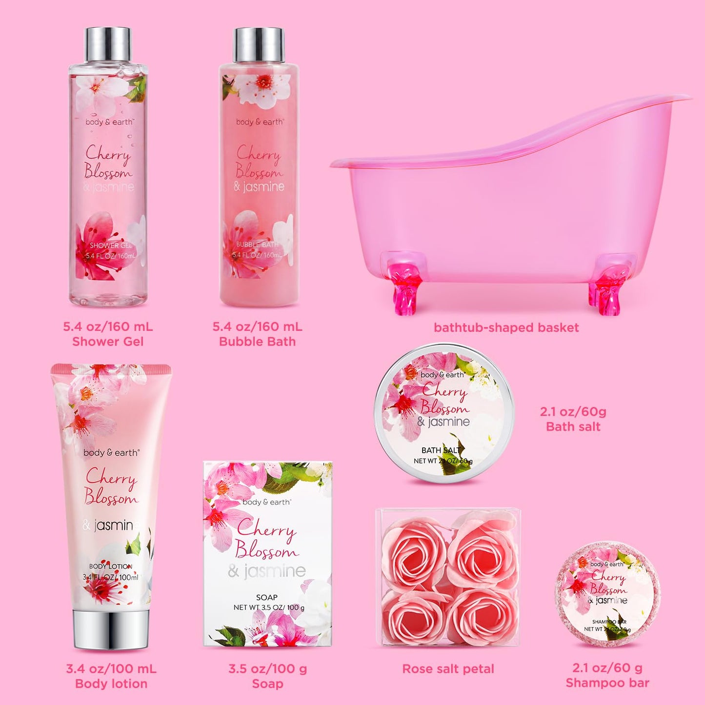 Body & Earth Spa Gifts for Women Self Care Kit - 8pcs Cherry Blossom & Jasmine Bath Sets for Women, Birthday, Mother's Day Gift Baskets for Mother Beauty & Personal Care BODY & EARTH