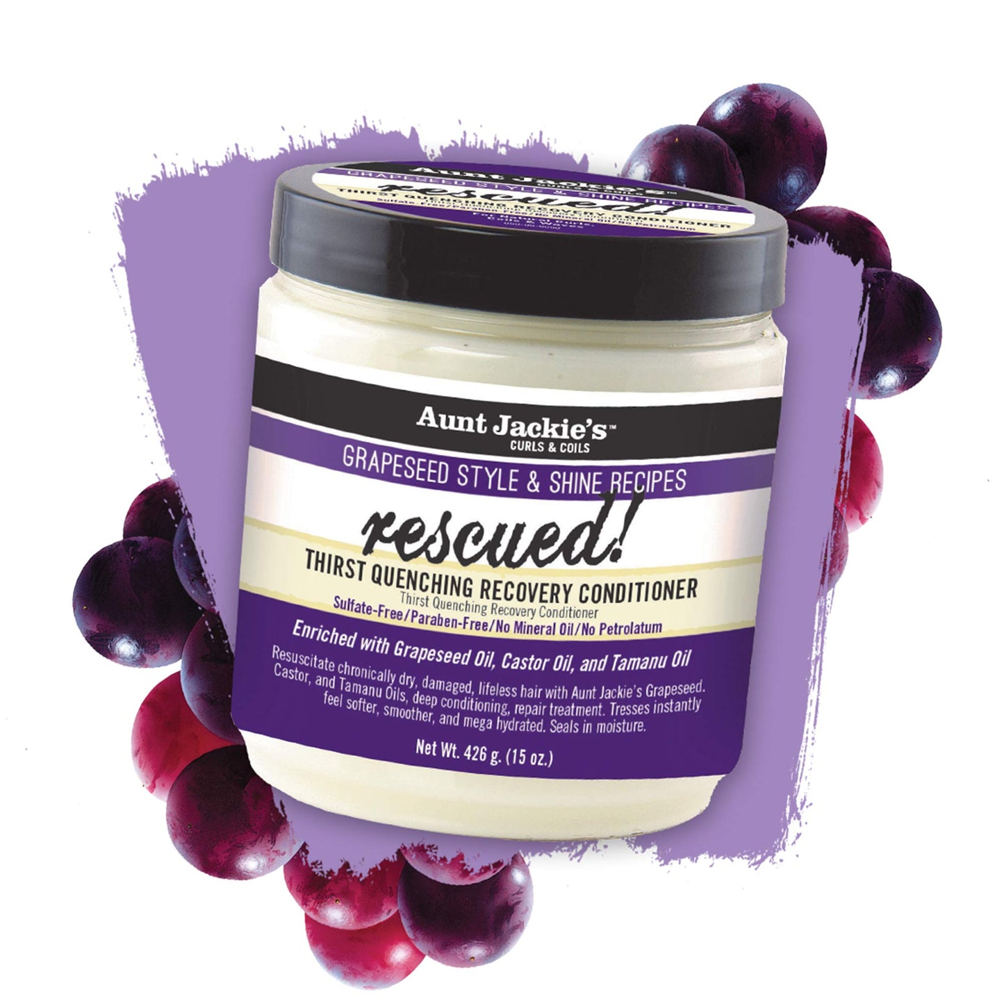 Aunt Jackie's Grapeseed Style and Shine Recipes Rescued Thirst Quenching Hair Recovery Conditioner Repair Treatment, Seals in Moisture, 15 oz