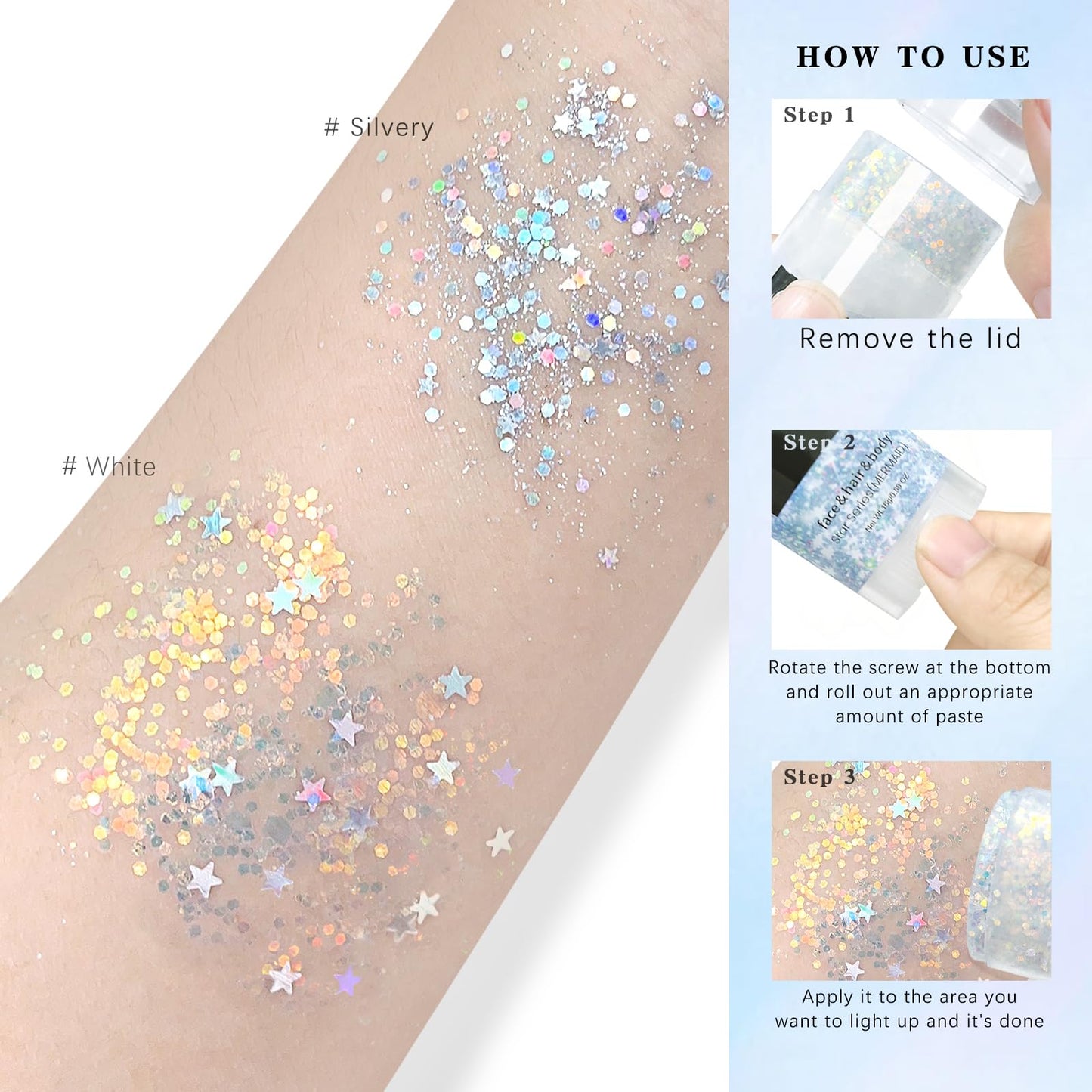 HOSAILY Silver Body Glitter Stick, Sparkling Holographic Sequins Glitter Gel, Body Shimmer Face Paint Glitter for Eye Hair Nail Lip, Chunky Glitter