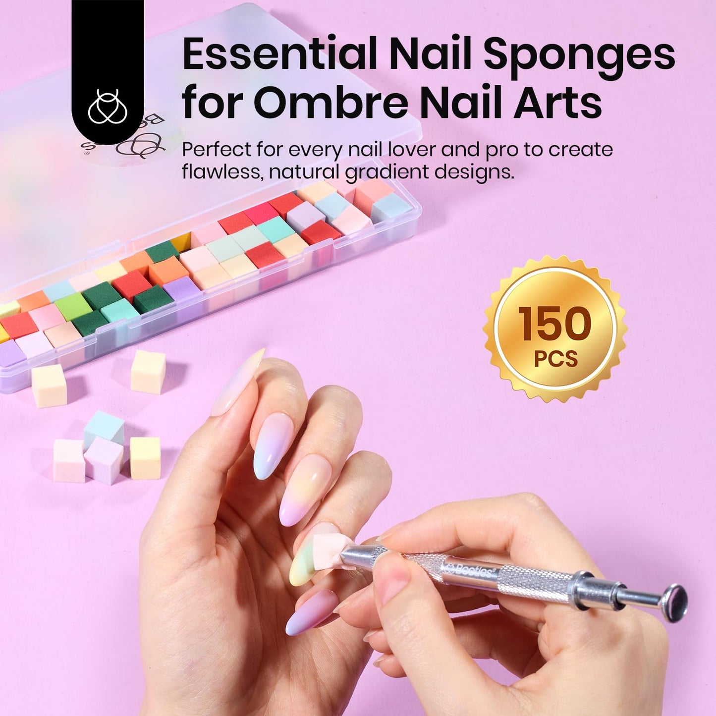 Beetles 150Pcs Soft Nail Sponges for Ombre, Colorful Nail Sponge with Grabbing Pen, Blooming Nails Art Brushes, Gradient Manicure DIY Tools Beauty and Personal Care beetles Gel Polish