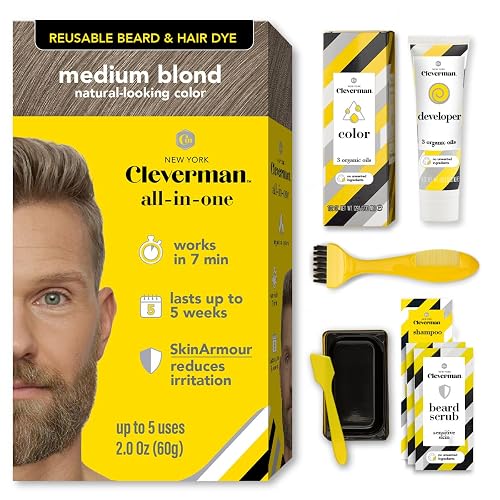 Reusable Hair & Beard Dye for Men - Medium Blond 8.01 | Up to 5 Uses, 7 Minutes | Natural Gray Coverage, No-Drip Cream with SkinArmour® - Cleverman