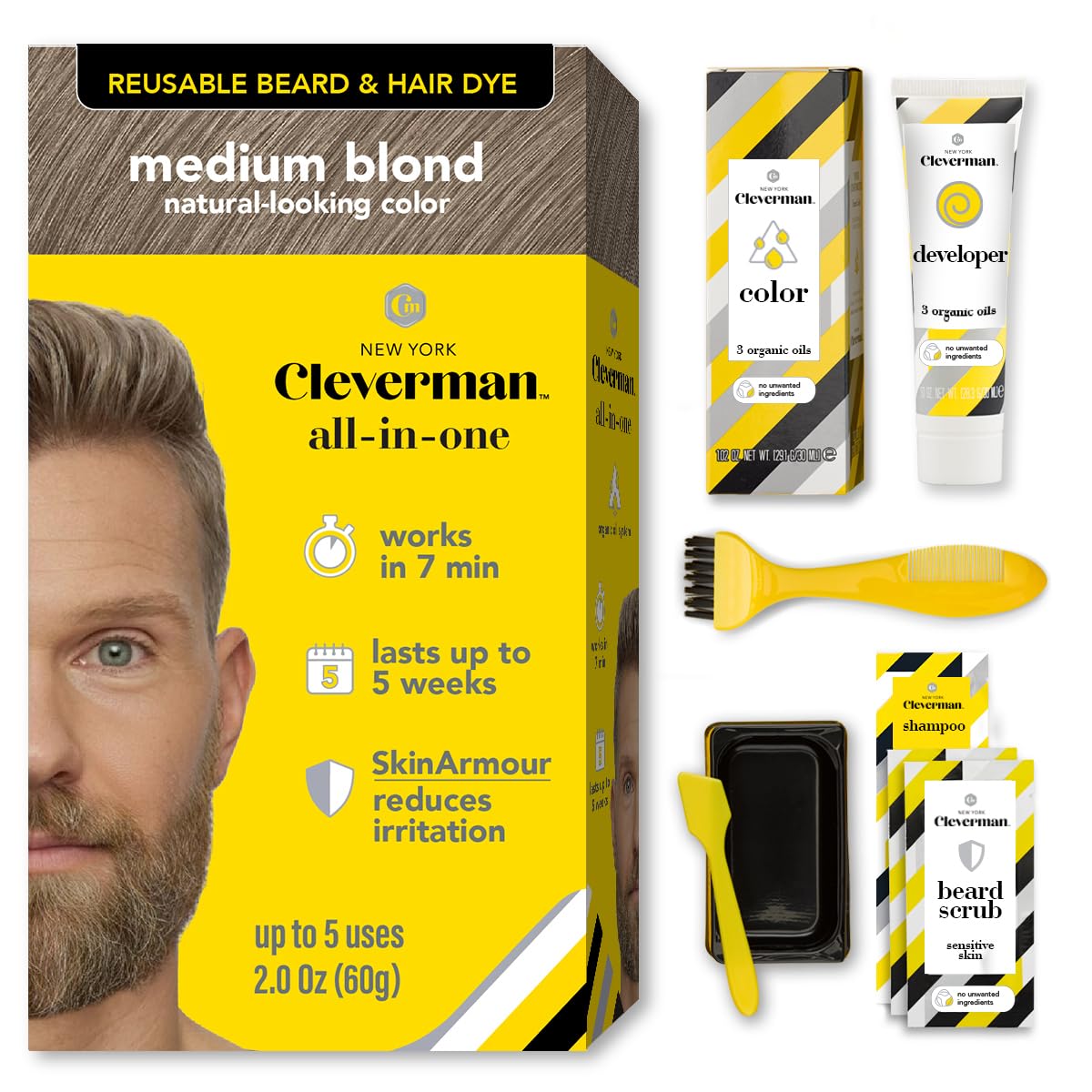 Reusable Hair & Beard Dye for Men - Medium Blond 8.01 | Up to 5 Uses, 7 Minutes | Natural Gray Coverage, No-Drip Cream with SkinArmour® - Cleverman