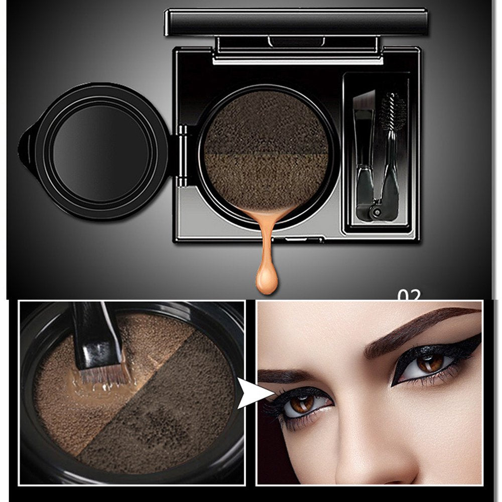 2 Colors Waterproof Air Cushion Eyebrow Cream Powder Makeup with Duo 2 End Eyebrow Brushes (Dark Brow Set)
