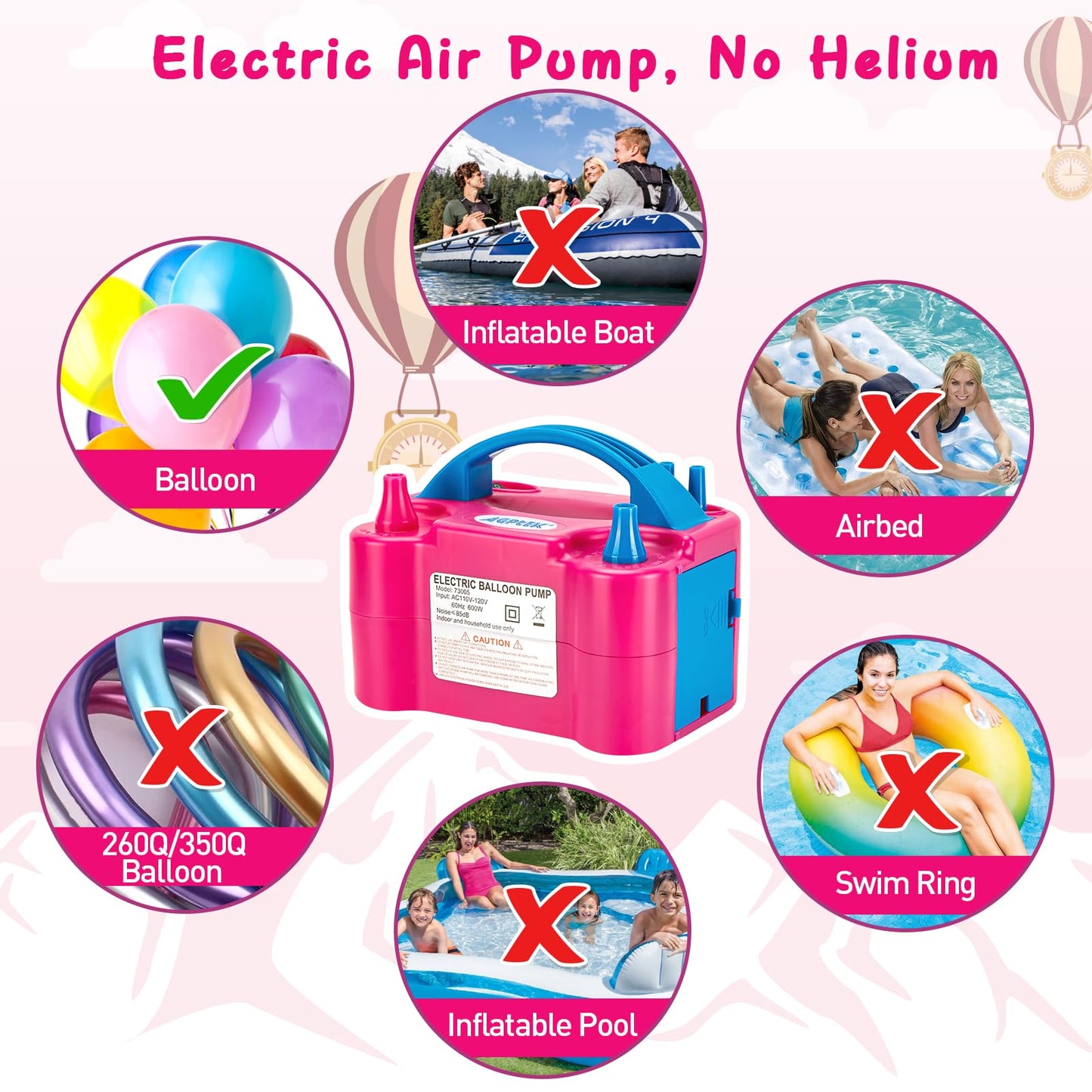 AGPTEK Electric Air Balloon Pump, 110V 600W Rose Red Portable Dual Nozzle Inflator/Blower for Party Decoration