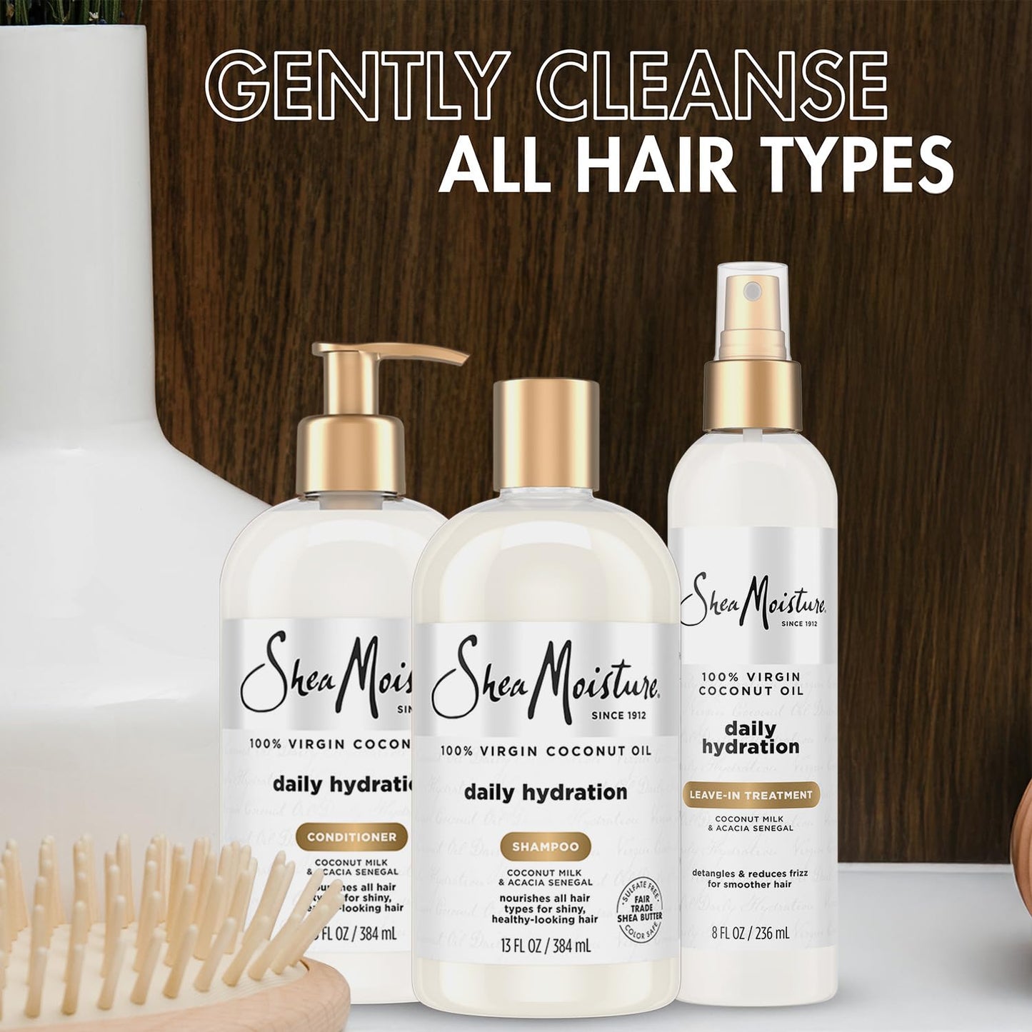 SheaMoisture Shampoo & Conditioner + Leave-in Treatment, Daily Hydration with Coconut Oil, Hair Detangler, Frizz Control, Cruelty-Free (3 Piece Set)