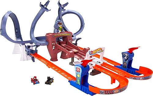 Hot Wheels RacerVerse Toy Car Track Set, Spider-Man’s Web-Slinging Speedway, 2 1:64 Scale Racers: Spider-Man & Black Panther