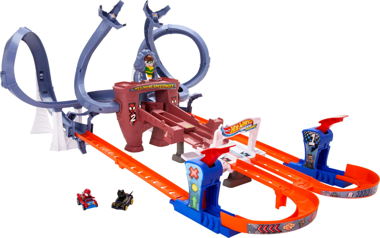 Hot Wheels RacerVerse Toy Car Track Set, Spider-Man’s Web-Slinging Speedway, 2 1:64 Scale Racers: Spider-Man & Black Panther