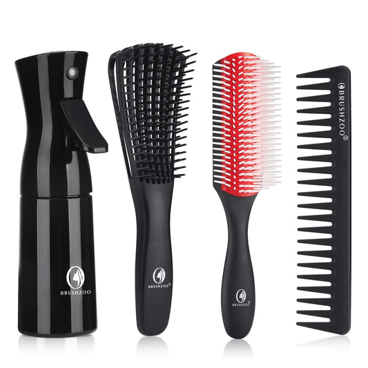 O BRUSHZOO Hair Brush Set, Detangler Brush for Natural 3/4abc Curly Hair, Hair Brushes for Women Men Kids Detangling Styling with Spray Bottle