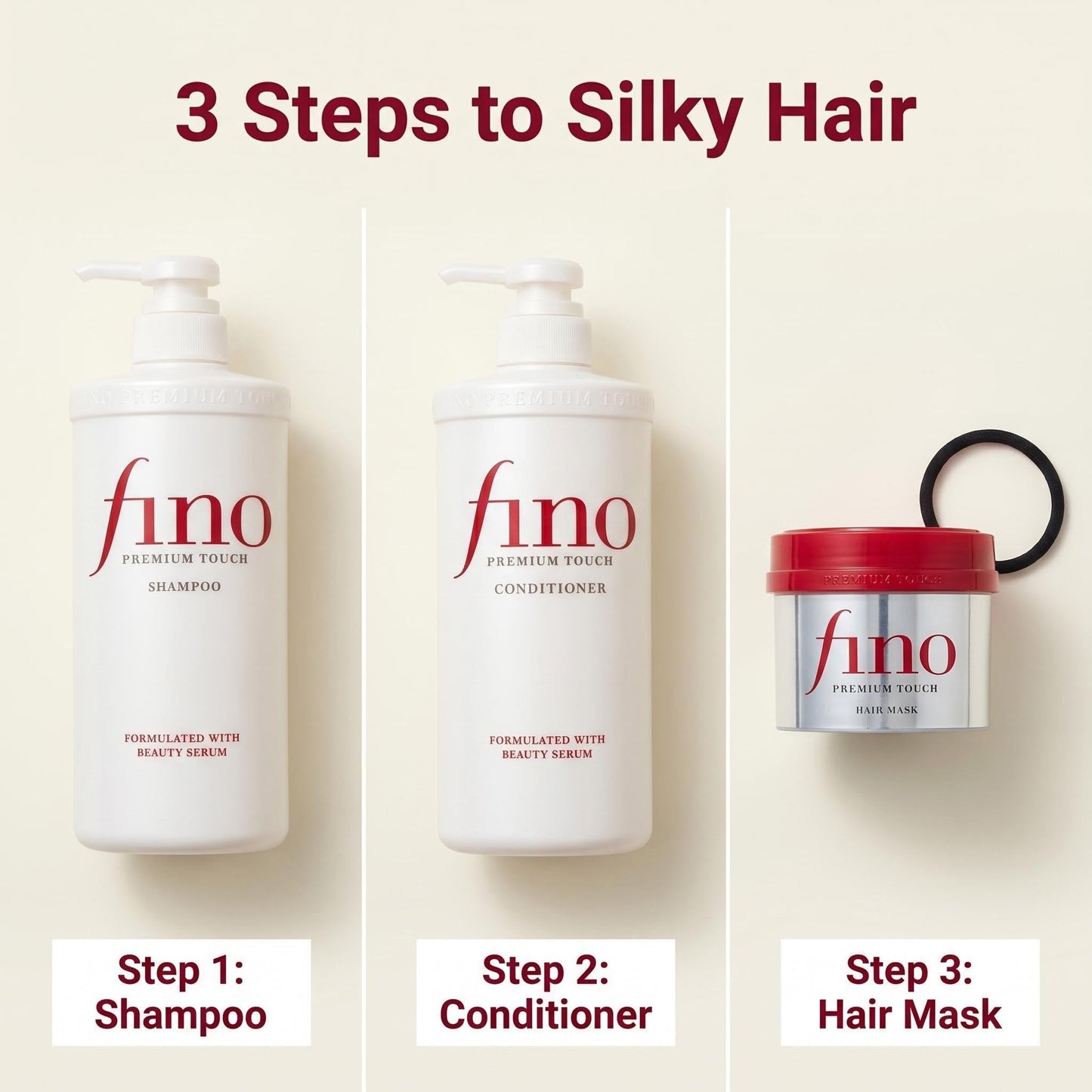 TJ SIGNATURE Fino Premium Touch Hair Care Set - Shampoo (550ml), Conditioner (550ml) & Mask (230g) - 4-Piece J-Beauty System for Dry Damaged Hair