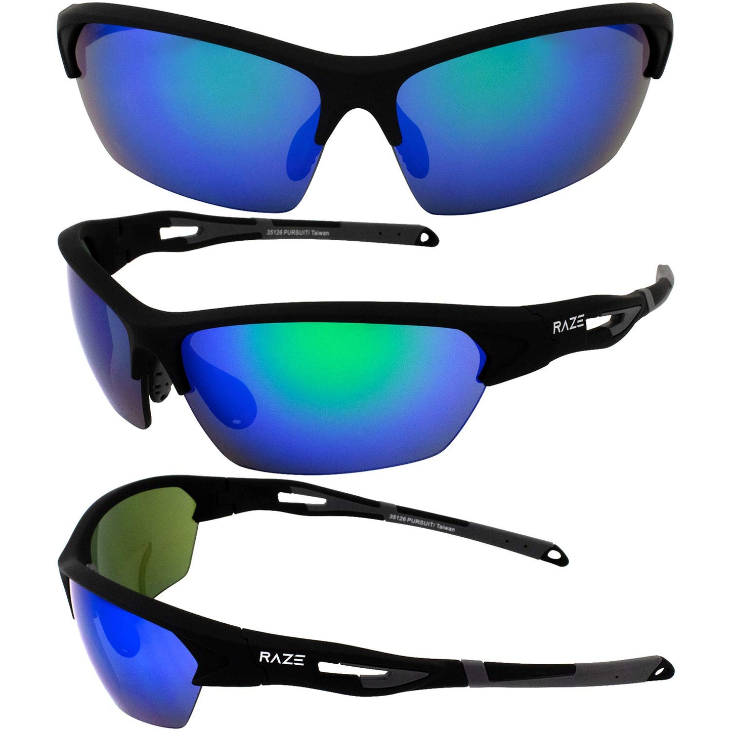 Raze Eyewear Pursuit Sport Sunglasses Black Touch Frame Green HD Z Mirror Lens
