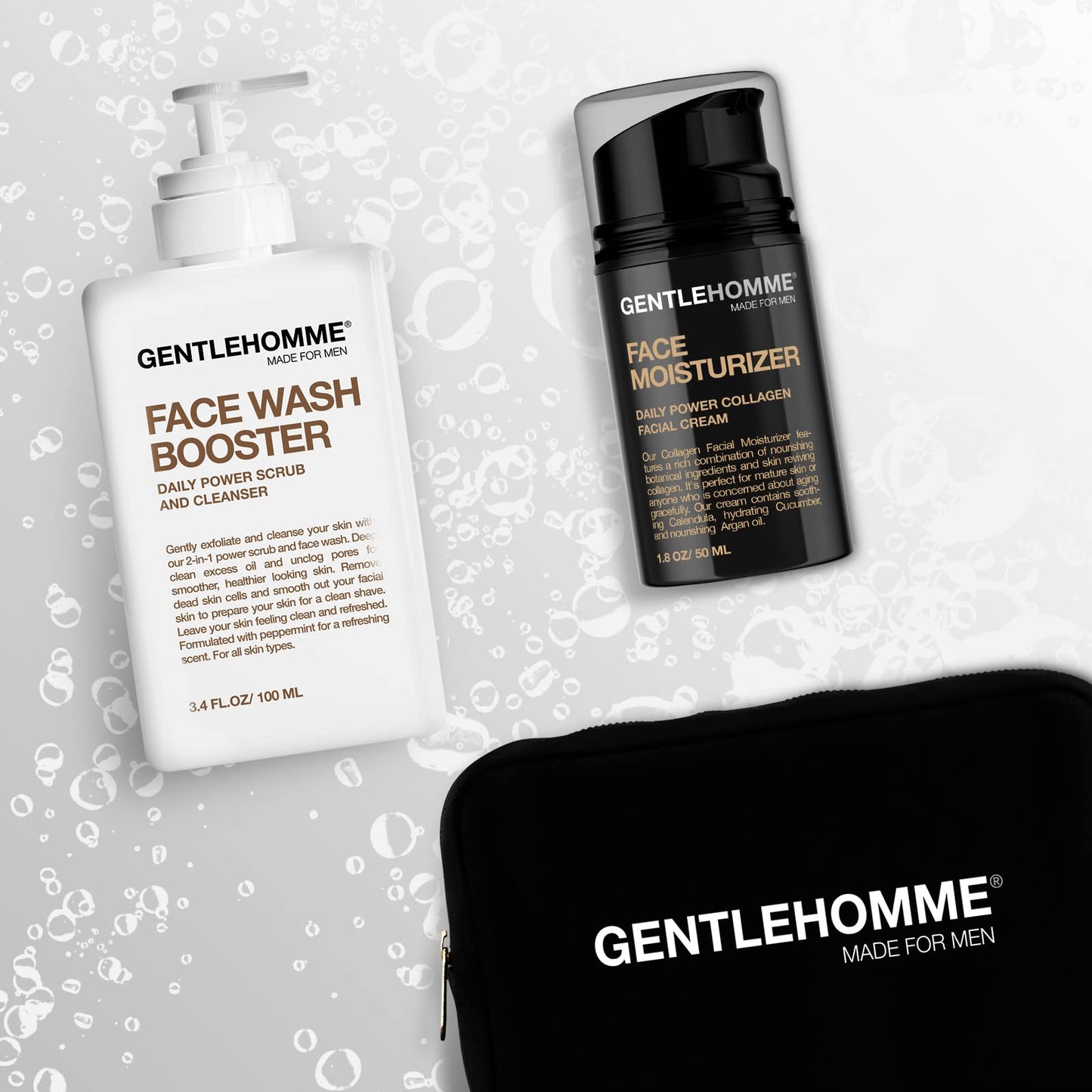 Gentlehomme Facial Kit - Pouch, Facial Cream & Cleanser for Men, Face Essentials for Travel, Men's Travel Skincare Set - Includes Facial Cream (1.8