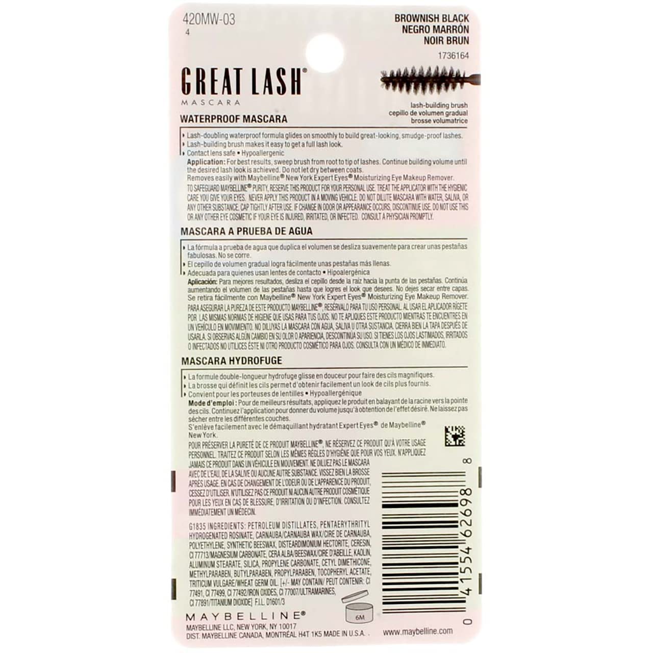 Maybelline New York Great Lash Waterproof Mascara, Brownish Black [112] 0.43 oz (Pack of 3)