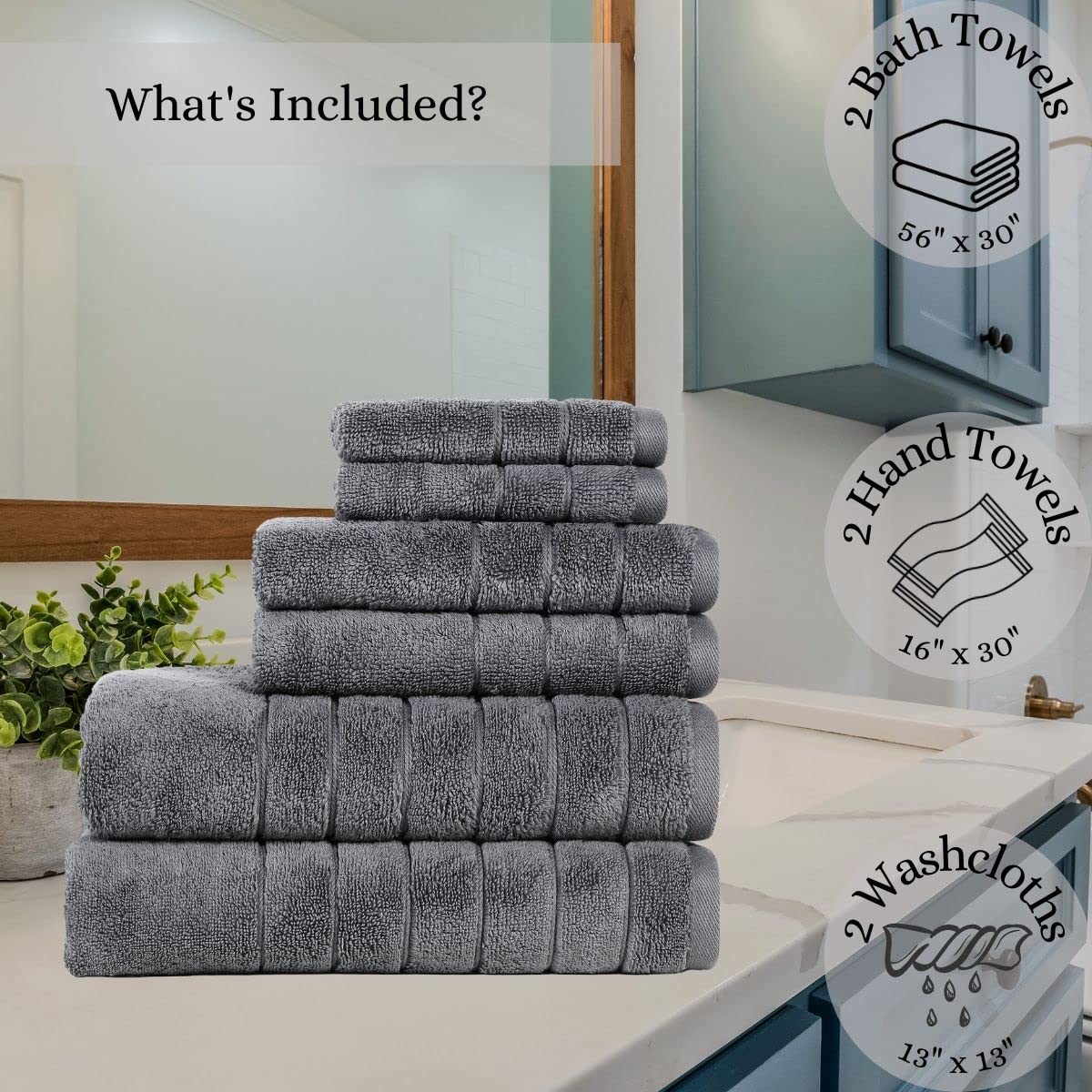 Anne Klein 6-Piece Reverie Towel Set, 2 Bath Towels, 2 Hand Towels, 2 Wash Cloths, 100% Cotton, Grey