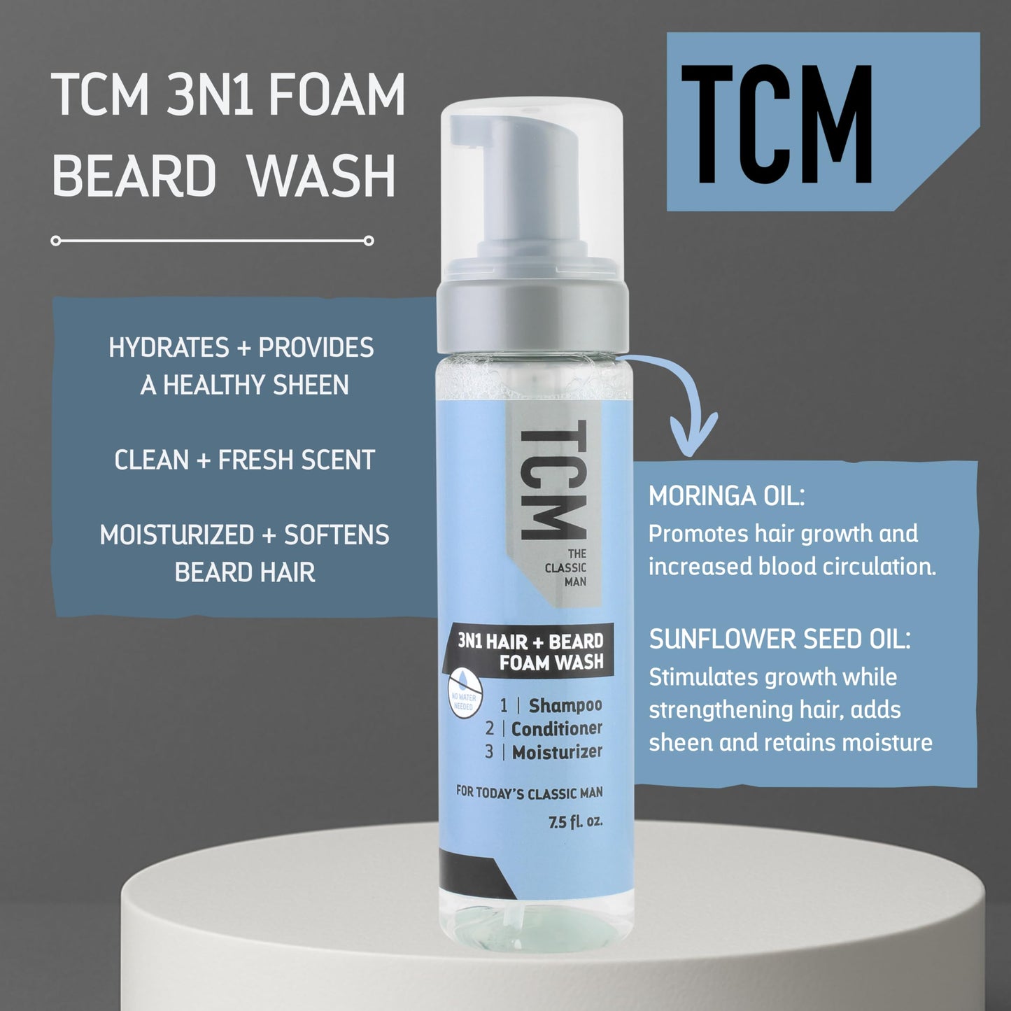 TCM 3N1 Hair + Beard Foam Wash, Shampoo & Conditioner for Softening & Hydrating, No-Rinse Foam Beard Cleanser for Care & Grooming 7.5 oz