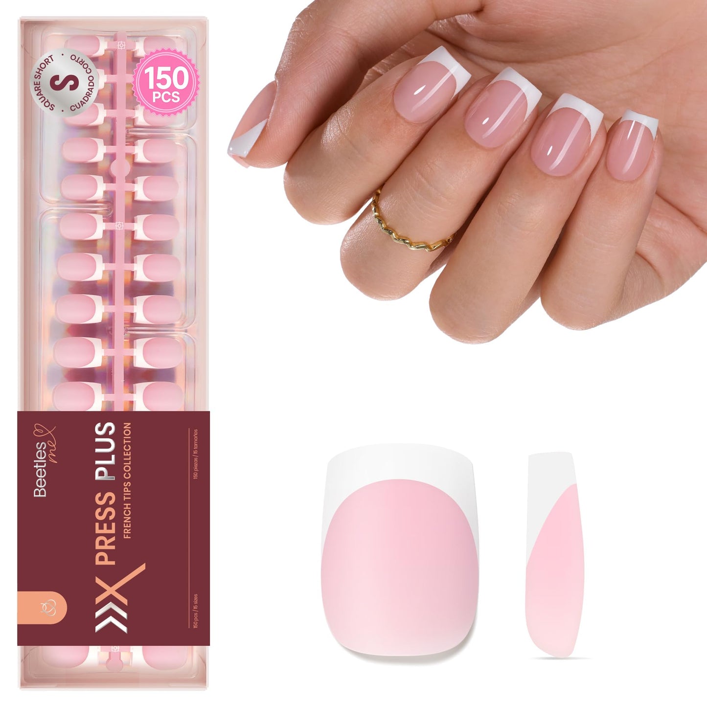 Beetles French Tips Press On Nails: 150 Pcs Pink Short Square Press On Nails Fake Nail Tips, Reusable Acrylic Gel Nail False Nails Art DIY Gifts Beauty and Personal Care beetles Gel Polish
