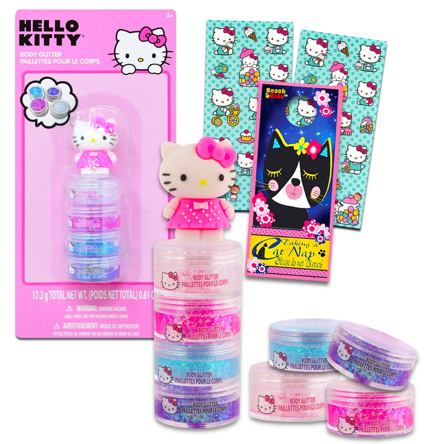 Hello Kitty Body Glitter Set - Bundle with 4 Body Glitter Colors for Costumes, Dress Up, Pretend Play, and More, Stickers | Hello Kitty Accessories