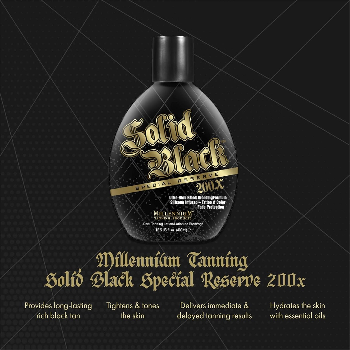 Millennium Solid Black Special Reserve 200X Tanning Lotion - Indoor/Outdoor Use with Advanced Silicone Bronzer, Tattoo Protection - Tanning Lotion