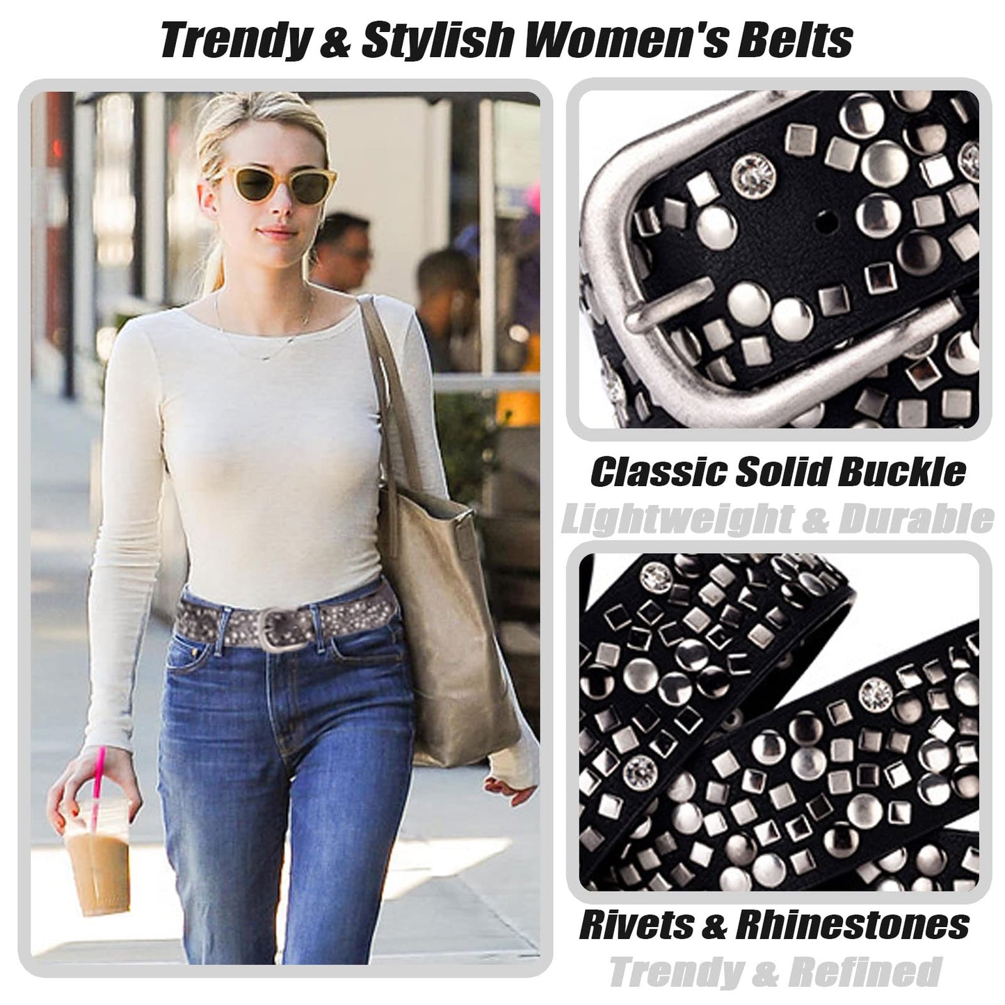 Karoukee Ladies Fashion Belt With Studded Rivets and Rhinestones,Women Shiny Fashion Leather Waist Belt for Jeans Pants Shorts Dresses (Solid Black)