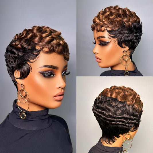 VRZ Short Curly Pixie Cut Wig Human Hair for Black Women Pixie Cut Kinky Curly Bob Glueless Half Wigs 150% Density Natural Black Color 1B# Beauty and Personal Care VRZ Default Title