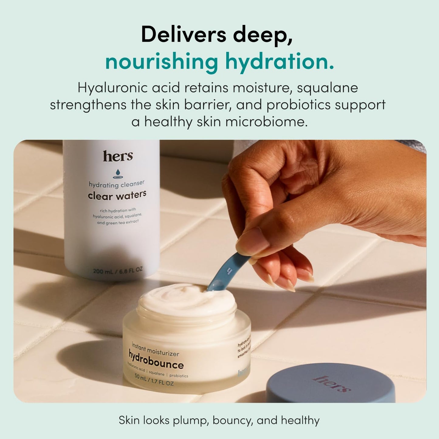 hers Hydrobounce Instant Moisturizer - Hyaluronic Acid, Squalane, & Probiotic Formula - Lightweight Daily Face Cream - Hydrating Vegan Facial Lotion