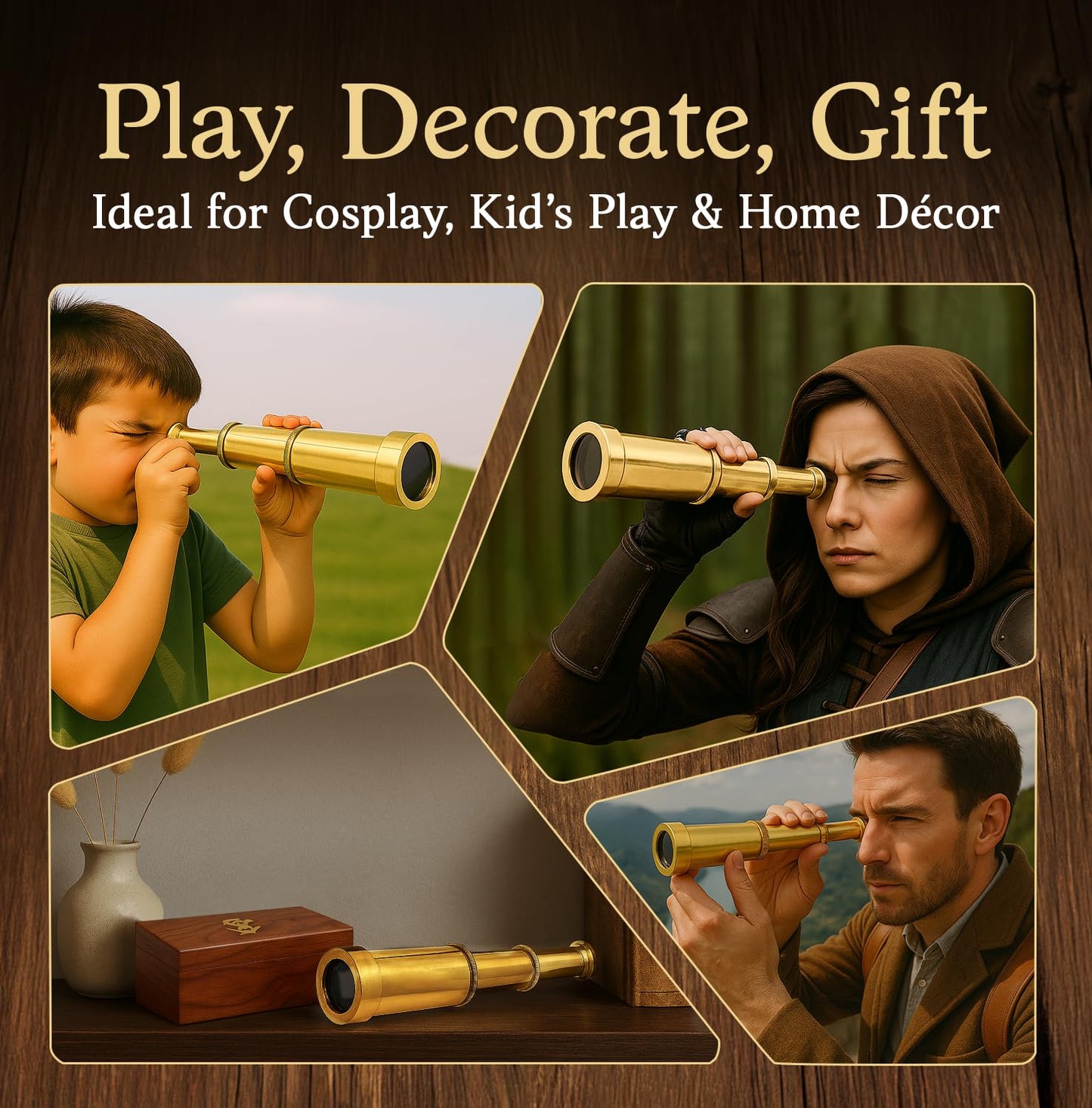 NauticalMart 6" Brass Telescope – Pirate Spyglass with Wooden Box, Nautical Collectible & Decorative Piece for Kids, Adults, Home or Office