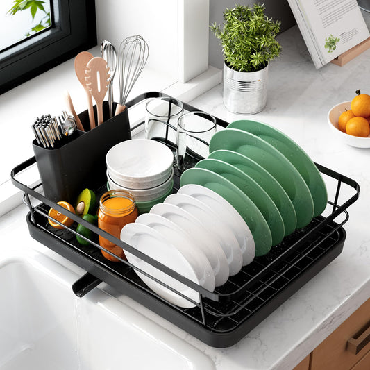 Kitsure Dish Drying Rack for Kitchen Counter, Stainless Steel with Cutlery Holder, Sink Organization & Storage, 12"x15.5", Black