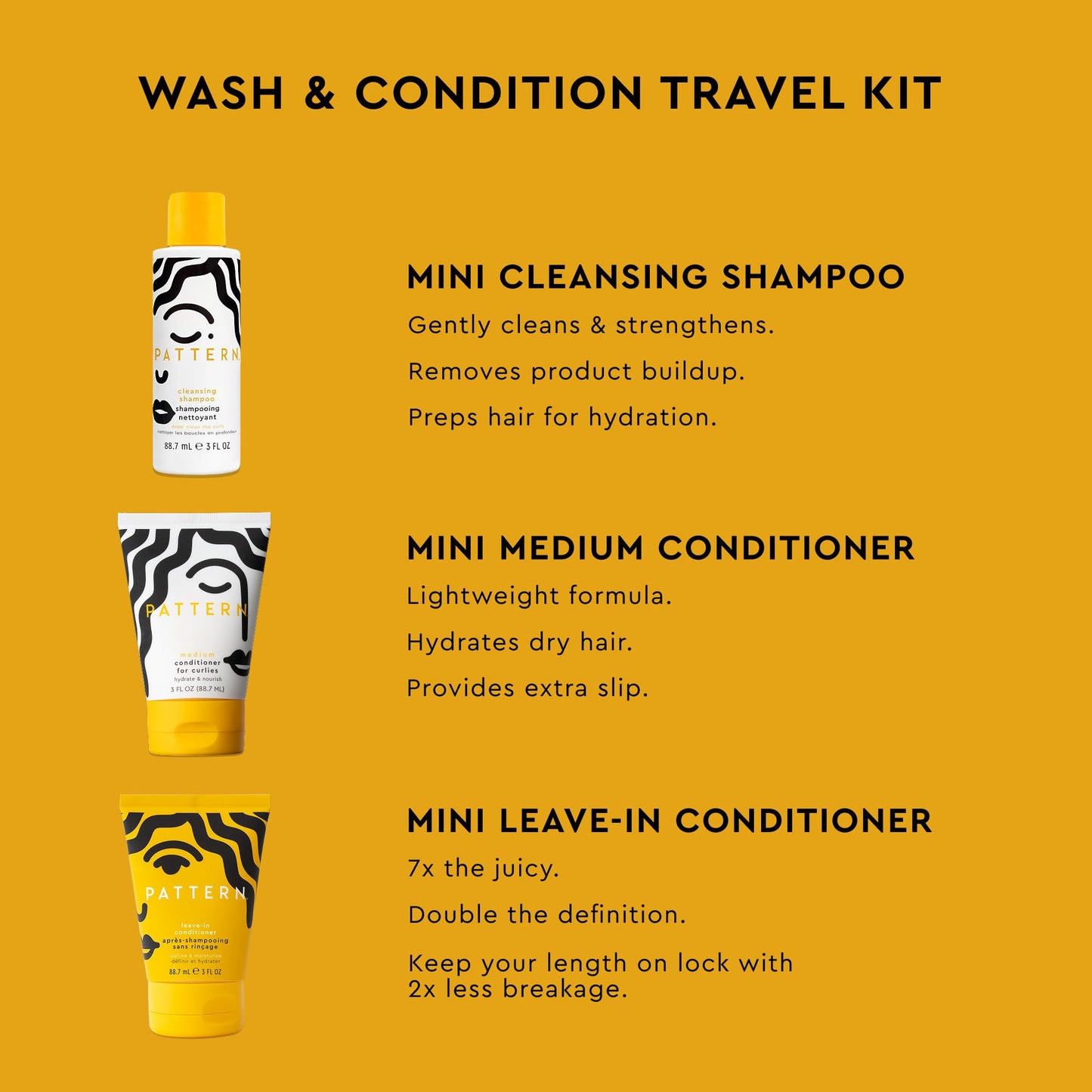 PATTERN Wash & Condition Travel Kit, Shampoo and Conditioner Set, 3 Mini Travel-Size Items, 3 oz Each