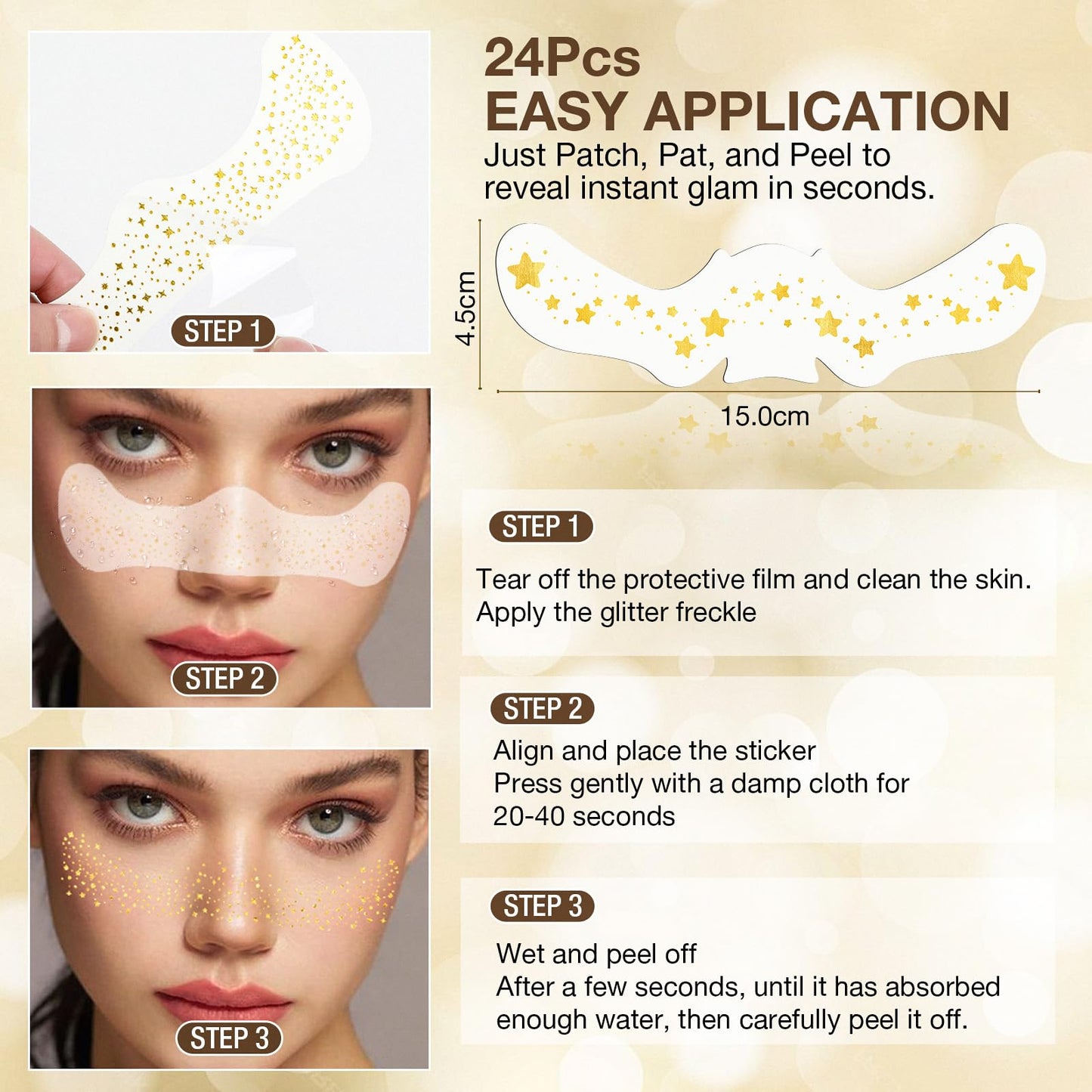 Wodelanle Glitter Freckles Face Tattoo, 24 Count Gold Face Glitter Speckles Makeup Patches, Glow Up Makeup Patches, Cute Glitter Freckles Makeup