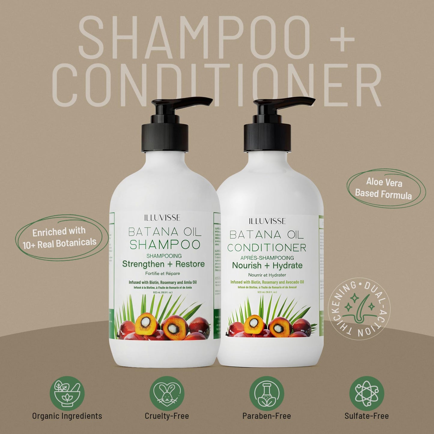 ILLUVISSE Batana Oil Shampoo and Conditioner Set for Hair Growth & Thickening, Organic Rosemary, Tea Tree Oil, Biotin & Aloe Vera Formula for Men