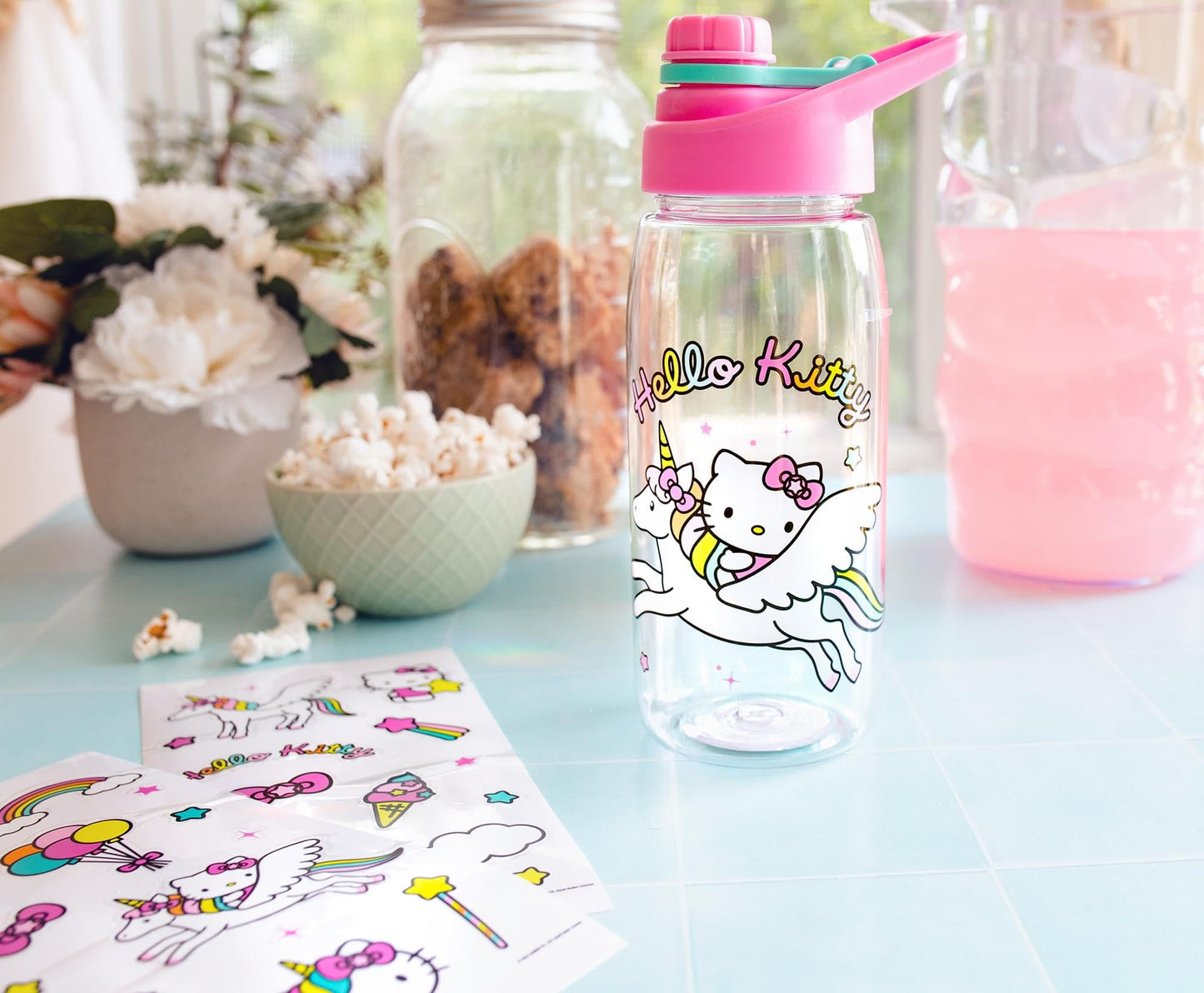 Silver Buffalo Sanrio Hello Kitty Unicorn Twist Spout Plastic Water Bottle Jug and Sticker Set For Personalizing | Holds 20 Ounces