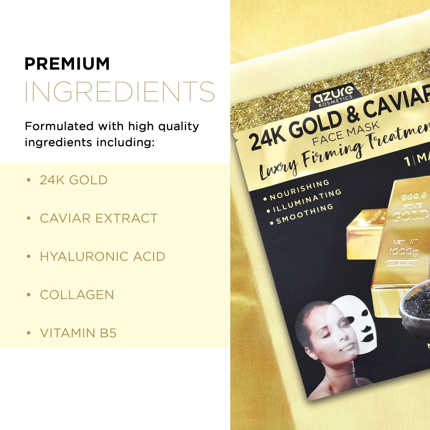 Azure Cosmetics 24K Gold and Caviar Anti Aging Luxury Face Mask - Hydrating & Firming Facial Mask - Helps Reduce Wrinkles & Fine Lines -