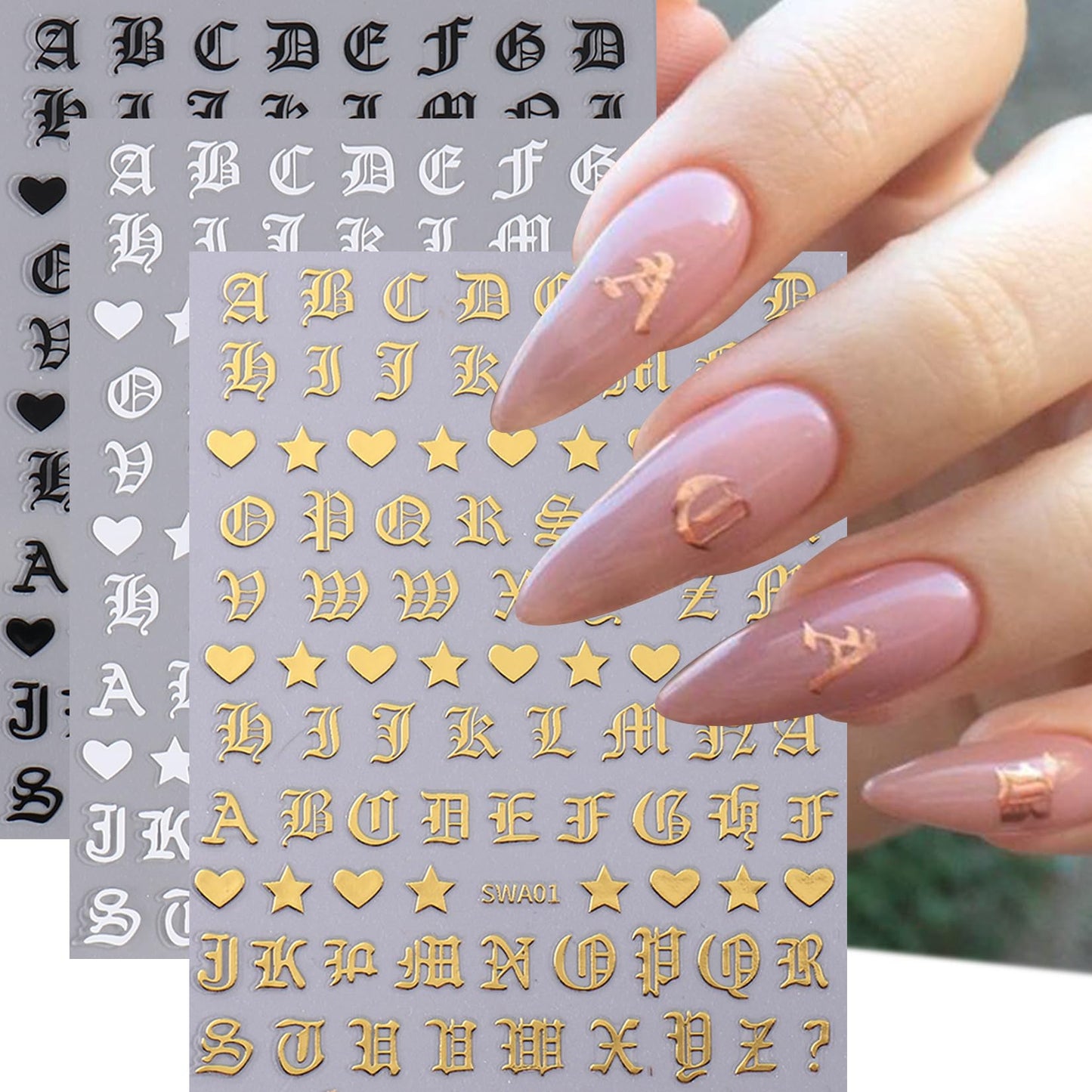 Letters Nail Art Stickers Decals 12 Sheets Alphabet Initial Nail Decals 3D Self-Adhesive White Black Gold Old English Gothic Letter Sticker for Nails Beauty and Personal Care STZPRONAIL