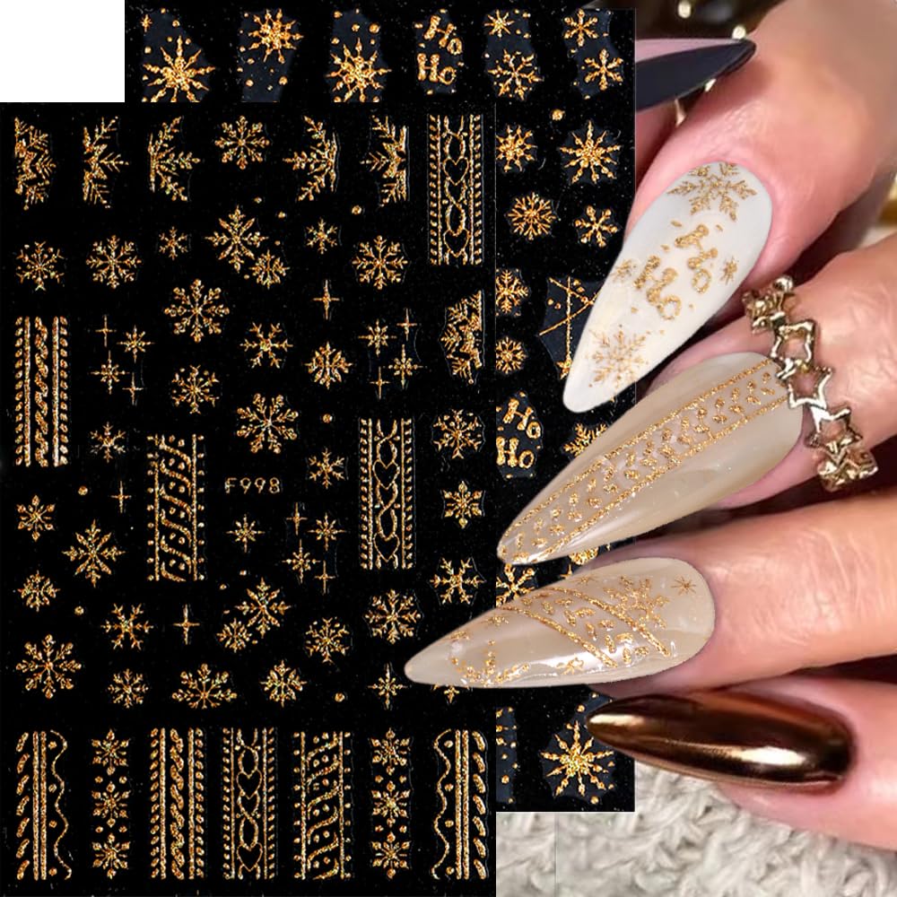 Snowflake Nail Art Stickers, Winter Nail Decals 3D Self-Adhesive Gold White Snowflake Xmas Tree Christmas Nail Design DIY Christmas Nail Decoration