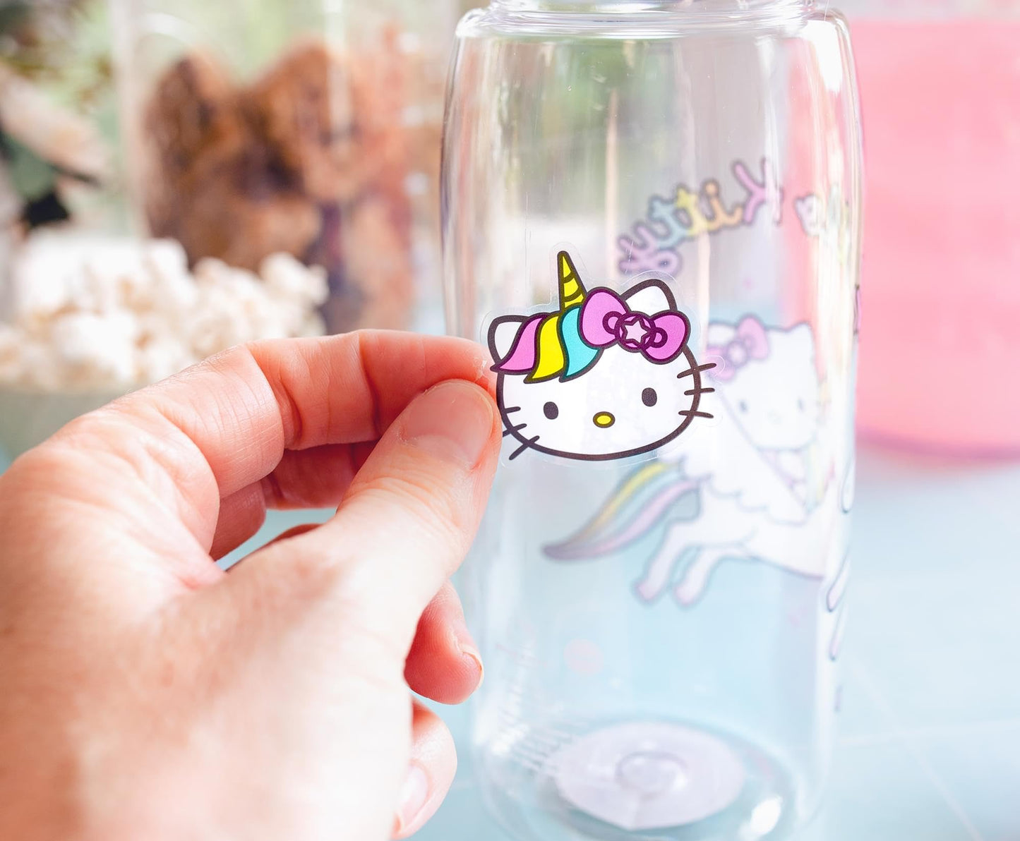 Silver Buffalo Sanrio Hello Kitty Unicorn Twist Spout Plastic Water Bottle Jug and Sticker Set For Personalizing | Holds 20 Ounces