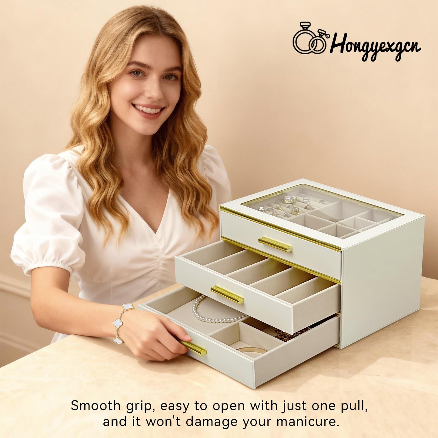 3 Layer Drawer Jewelry Box for Women, Glass Lid Jewelry Organizer for Necklaces Ring Earring Bracelets Watch ，Suitable for Indoor Fashion room…