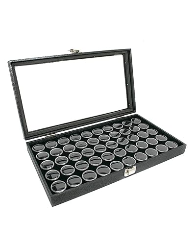 Novel Box Gem Display Case 14.75x8.25x2.1 + Small Size 50 Gems Jars | Fossil Display Case with Lid & Black Tray Foam Liner | Rock Storage Box…